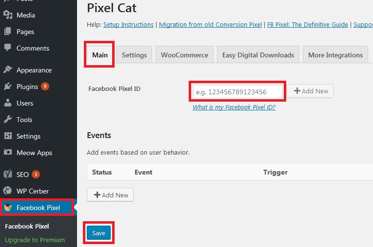 enter retargeting pixel id to pixel cat plugin