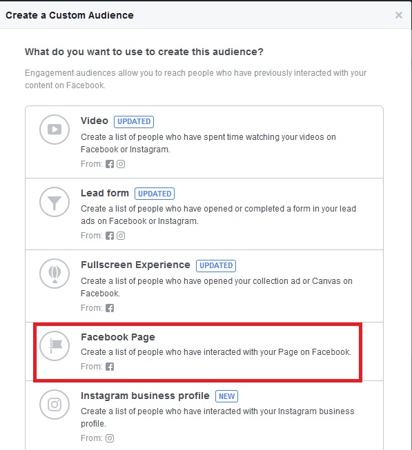 choose facebook page for custom audience