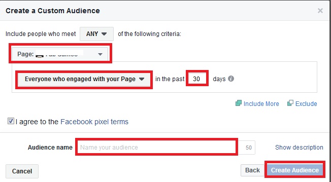 how to set custom audience for facebook page