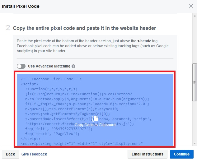 copy the facebook pixel code