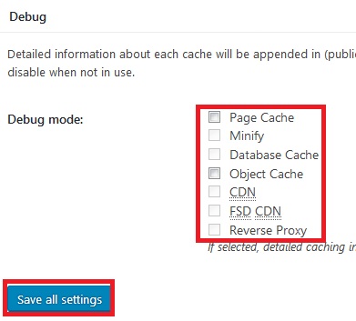 disable debug in w3 total cache