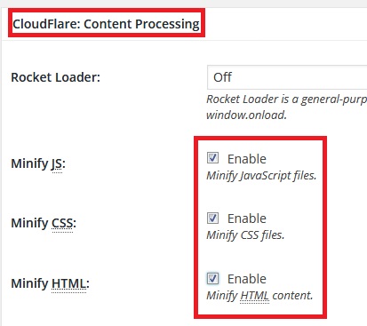 enable minify for cloudflare in w3 total cache