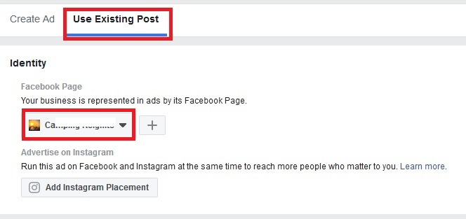choose existing post for facebook marketing ads creation