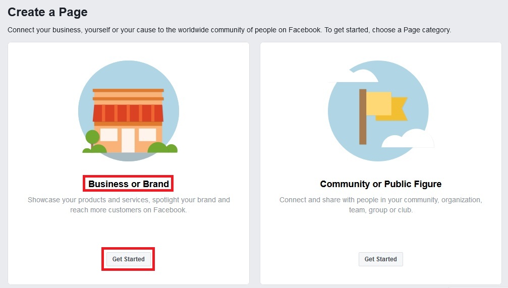 select business or brand for new facebook page