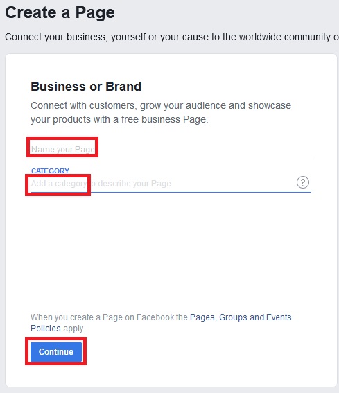 set your facebook page name and category