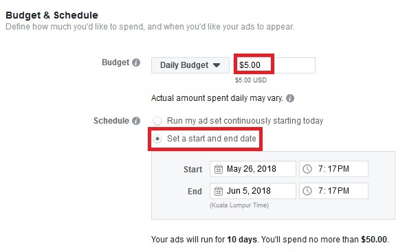 set budget and schedule for facebook ads