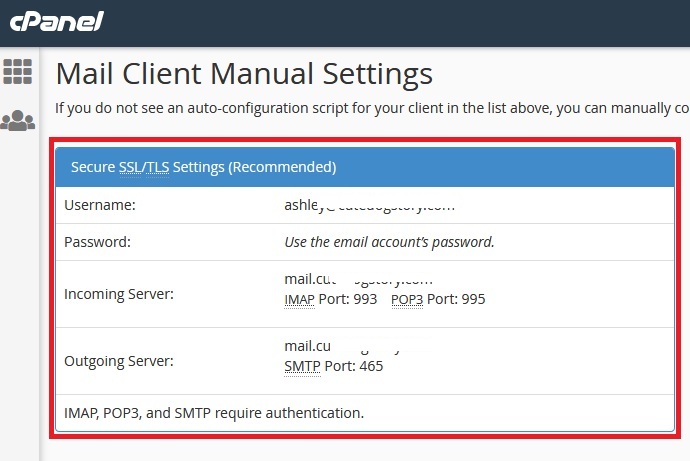 Mail Client Manual Setup Information in cPanel