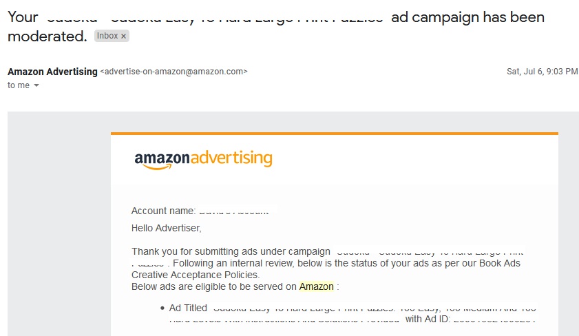 The Email From Amazon Advertising Team About Ad Campaign Status